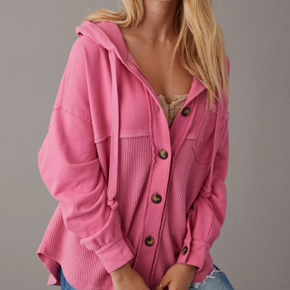 American Eagle Outfitters Pink Hooded Button-Up Thermal Top
